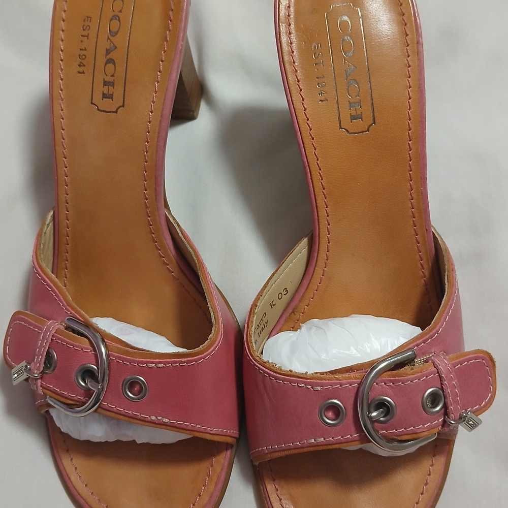 Coach Pink Leather Clogs with Silver Buckle
